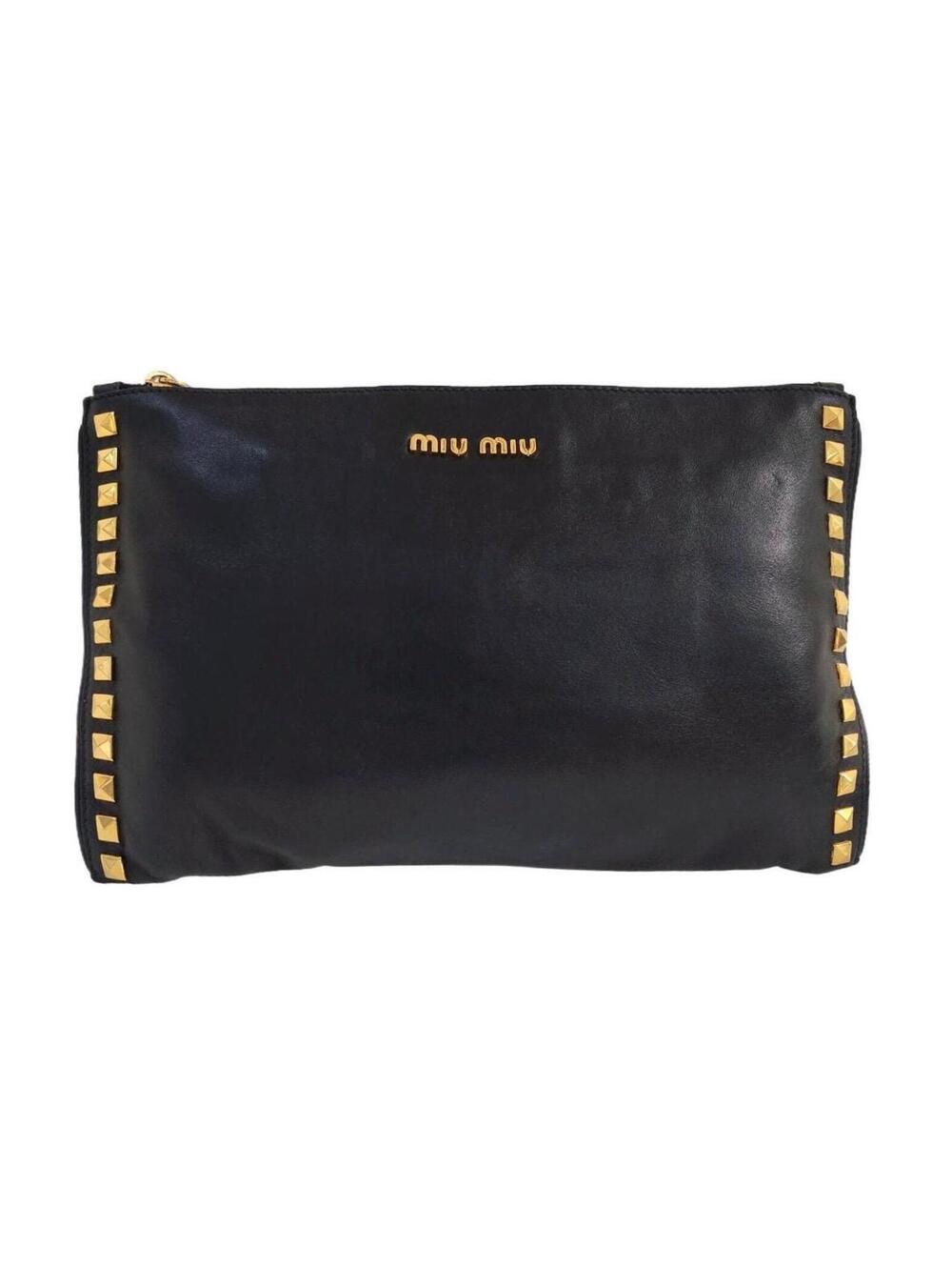 Miu Miu Black Leather Printed Studded Pouch Clutch